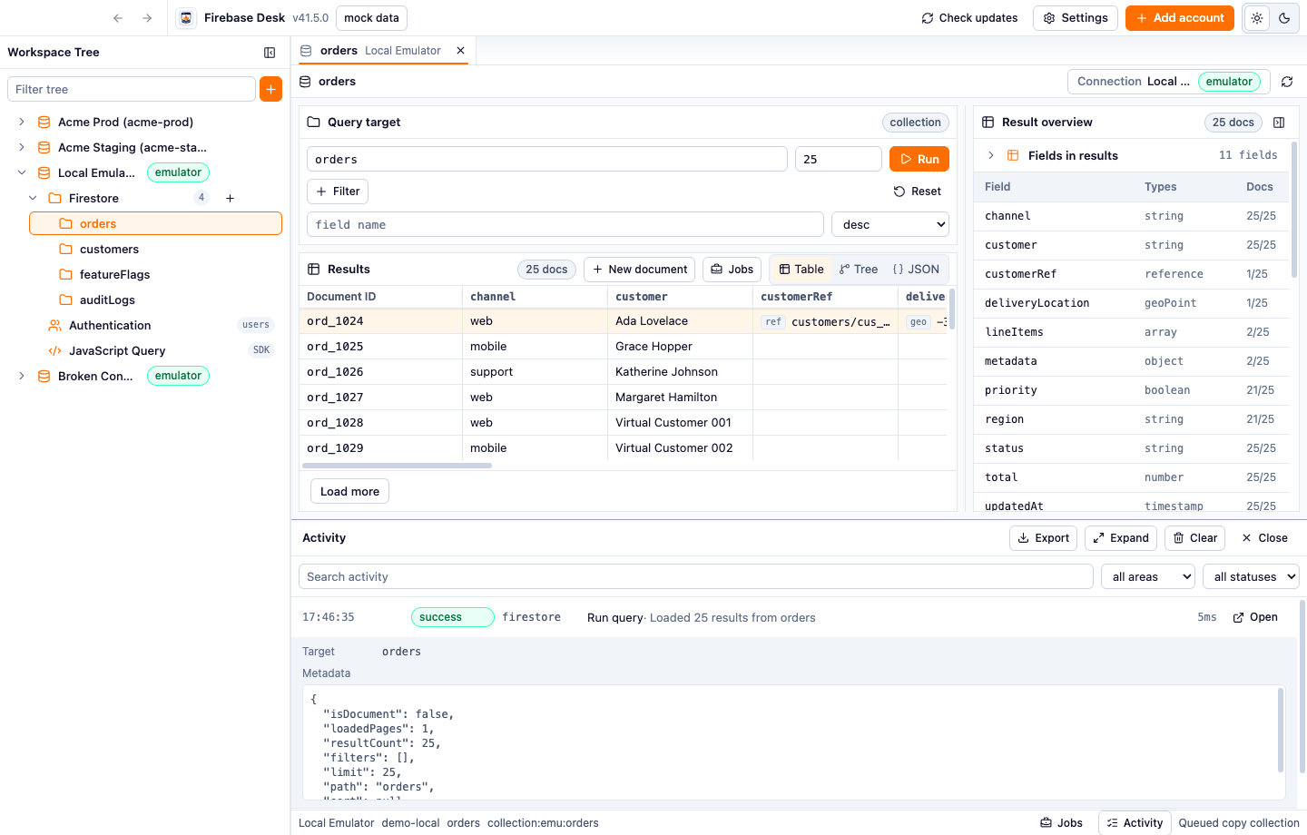 Activity drawer showing filters, recent entries, and expanded metadata detail.