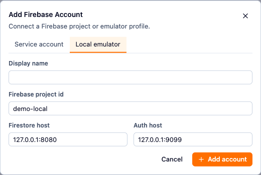 Add account dialog configured for a local Firebase emulator profile.