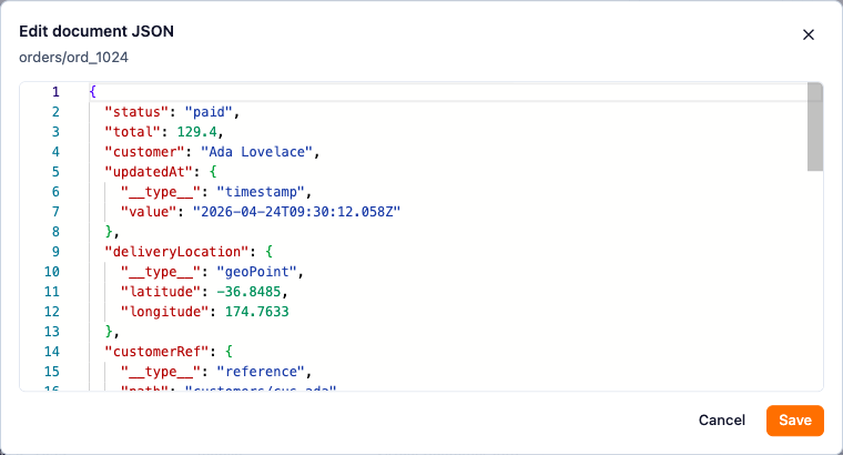 Document JSON editor opened for a Firestore order document.