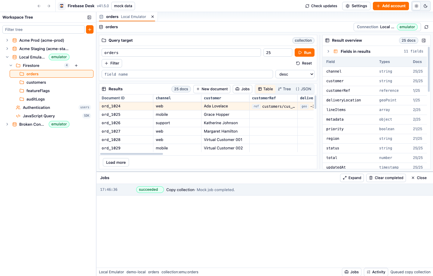 Jobs drawer showing a collection copy job with progress and status.