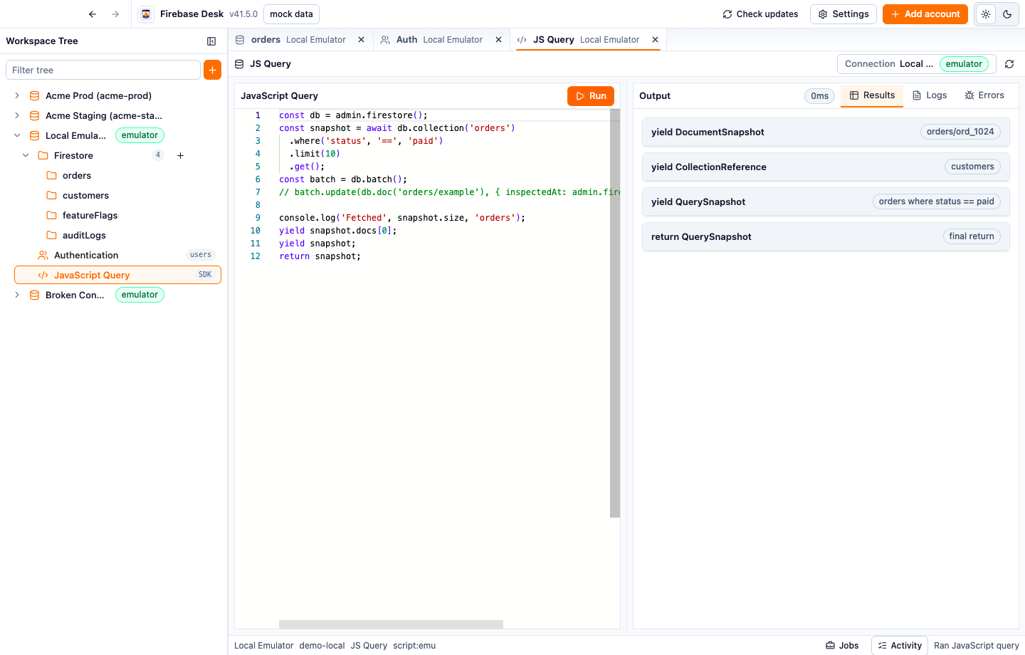 JavaScript Query editor with streamed output and log entries.
