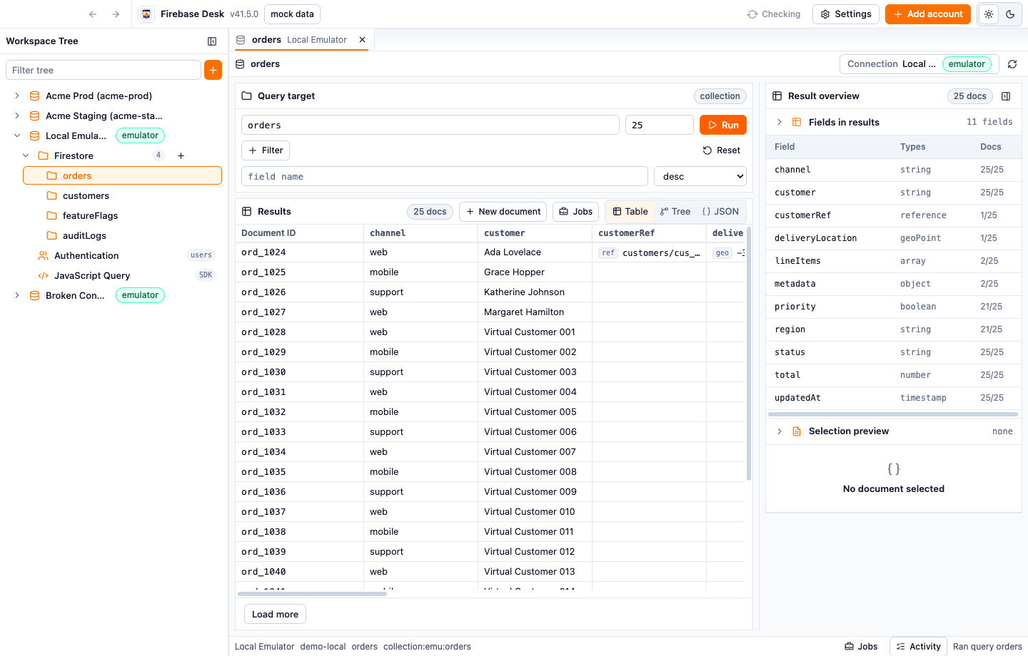 Firebase Desk workspace showing a Firestore orders query
